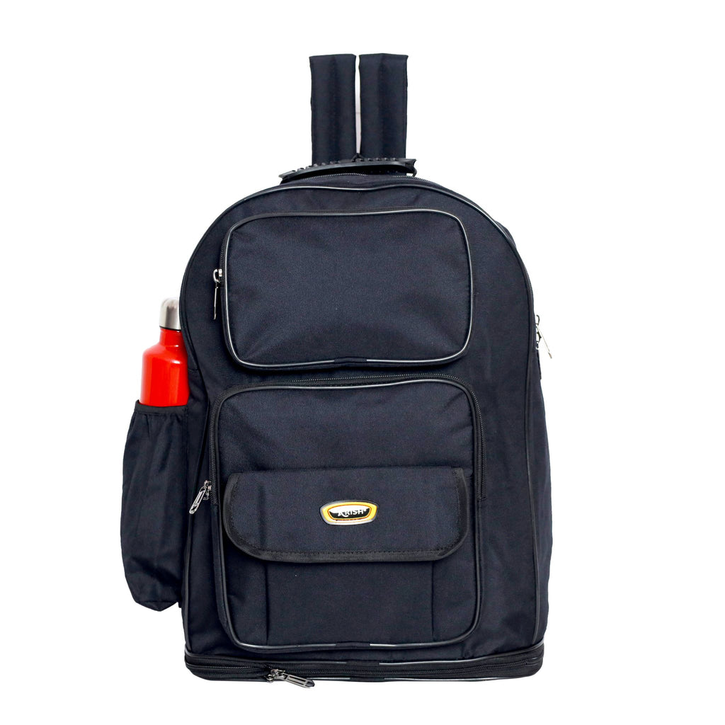 KrishBags Expandable Backpack with an extra storage zip along the bottom and a front folder pocket