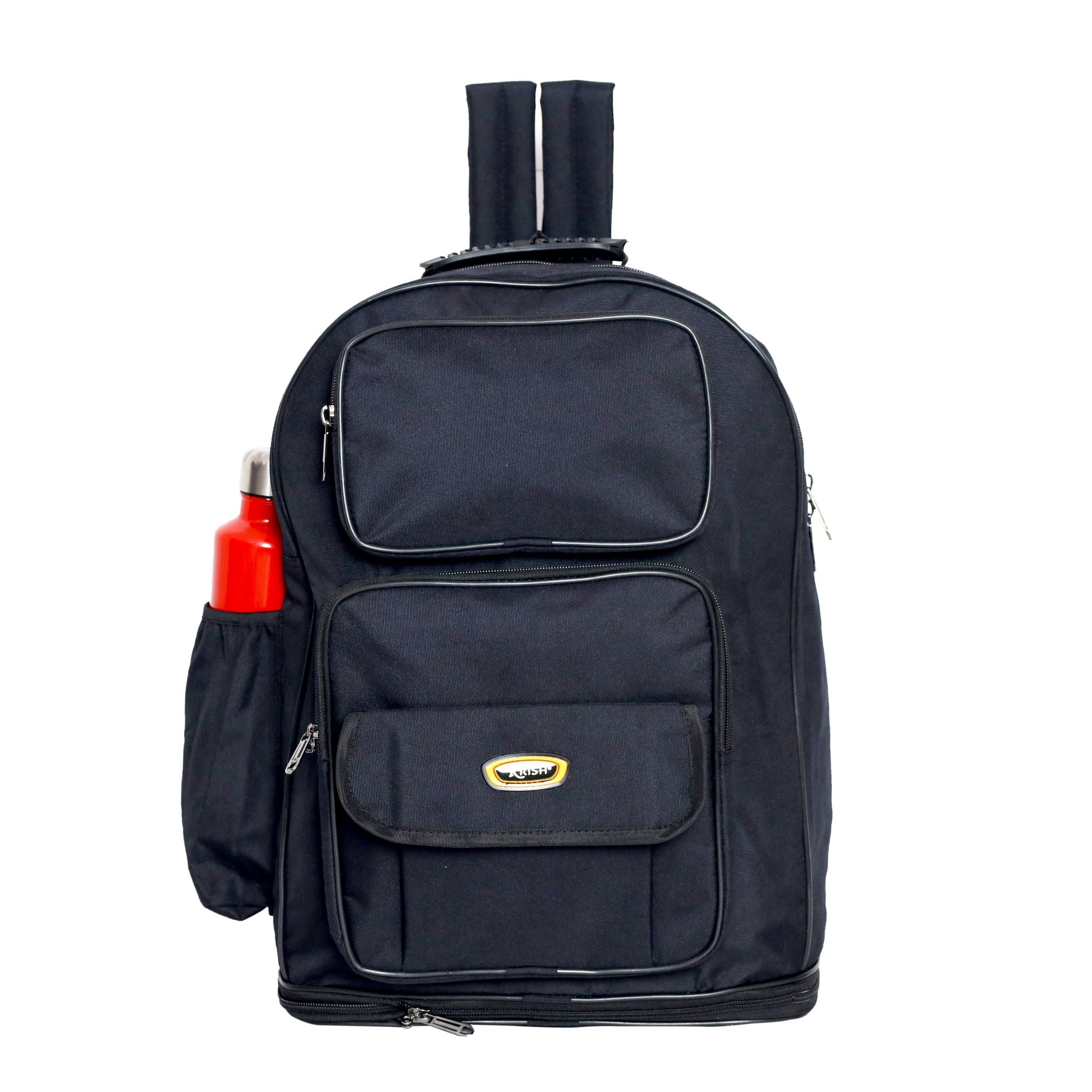 KrishBags Expandable Backpack with an extra storage zip along the bottom and a front folder pocket