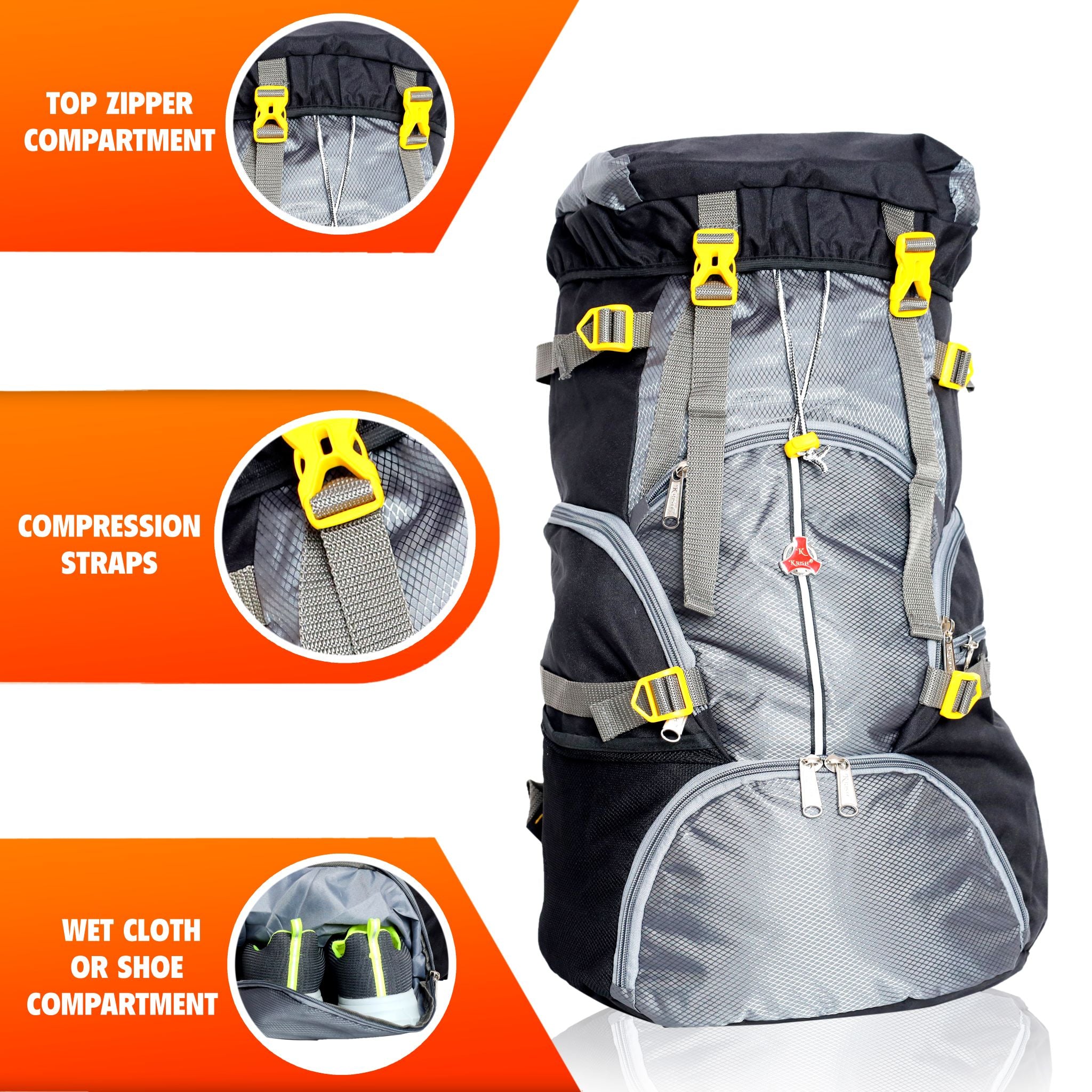 KrishBags Trekking Rucksack with cap top and shoe compartment, photo 7