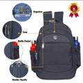 A dark navy blue backpack shown on a white background with callout circles and labels pointing to features: organizer pocket, zipper, bottle pocket, and shoulder handle. A gold '6 Month Warranty' badge appears in the top right corner.