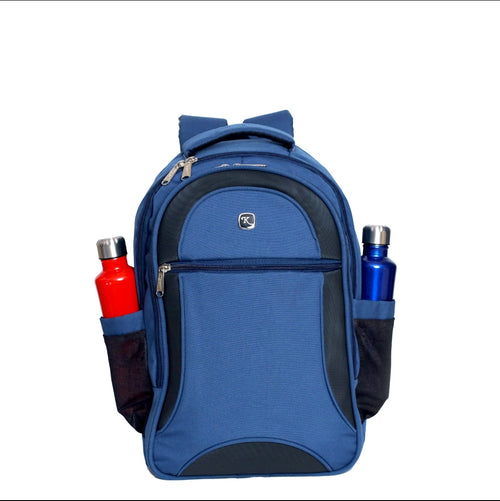 A blue and black backpack with side water bottle pockets containing red and blue bottles, shown against a plain white background.